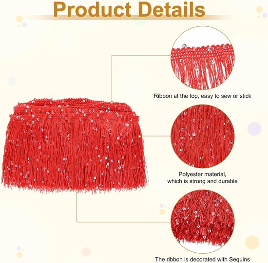 5 Yards Pailletten Kwastje Franje Trim 4 "Sprankelend Polyester Franje Trim Lint Boho Kant Naaien Trimmen voor Latijnse Jurk/Rok/DIY Naaien Ambachten [Rood] — afbeelding 3