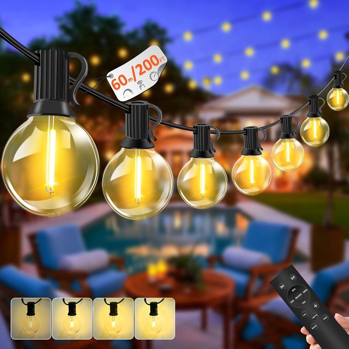 Lichtsnoer voor buiten - Warm Wit - 60 m - Dimbare LED met Afstandsbediening - Voor Tuin en Terras