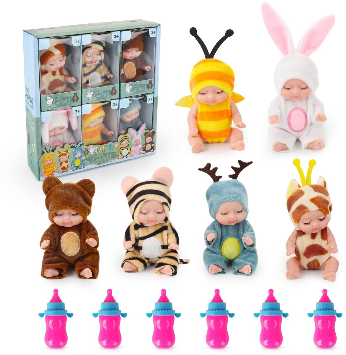 SolidKeus - Set van 6 Mini Baby Poppen met Flesjes
