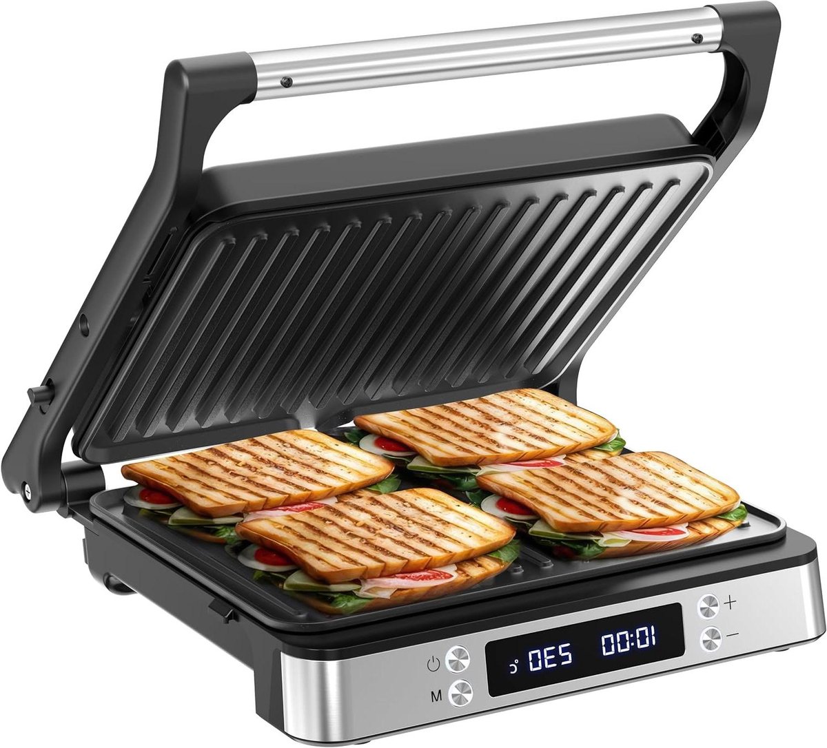 Tosti Apparaat XL - Panini Grill - Snel Tosti's Maken - Instelbare Temperatuur - Voor 4 Tosti's - Silver
