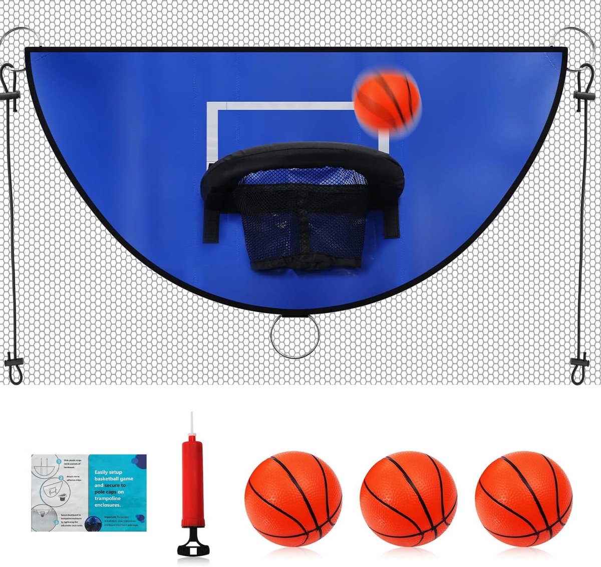 Trampoline basketbalmand - Mini basketbal set - Buiten sporten - Universeel verstelbaar - 3 ballen - Blauw