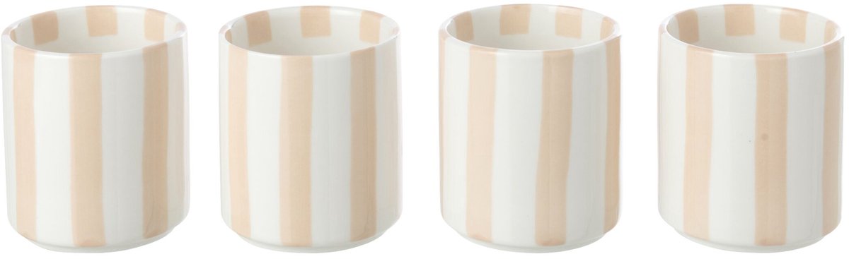 J-Line kopje Gestreept - steengoed - lichtbeige/wit - 4 stuks