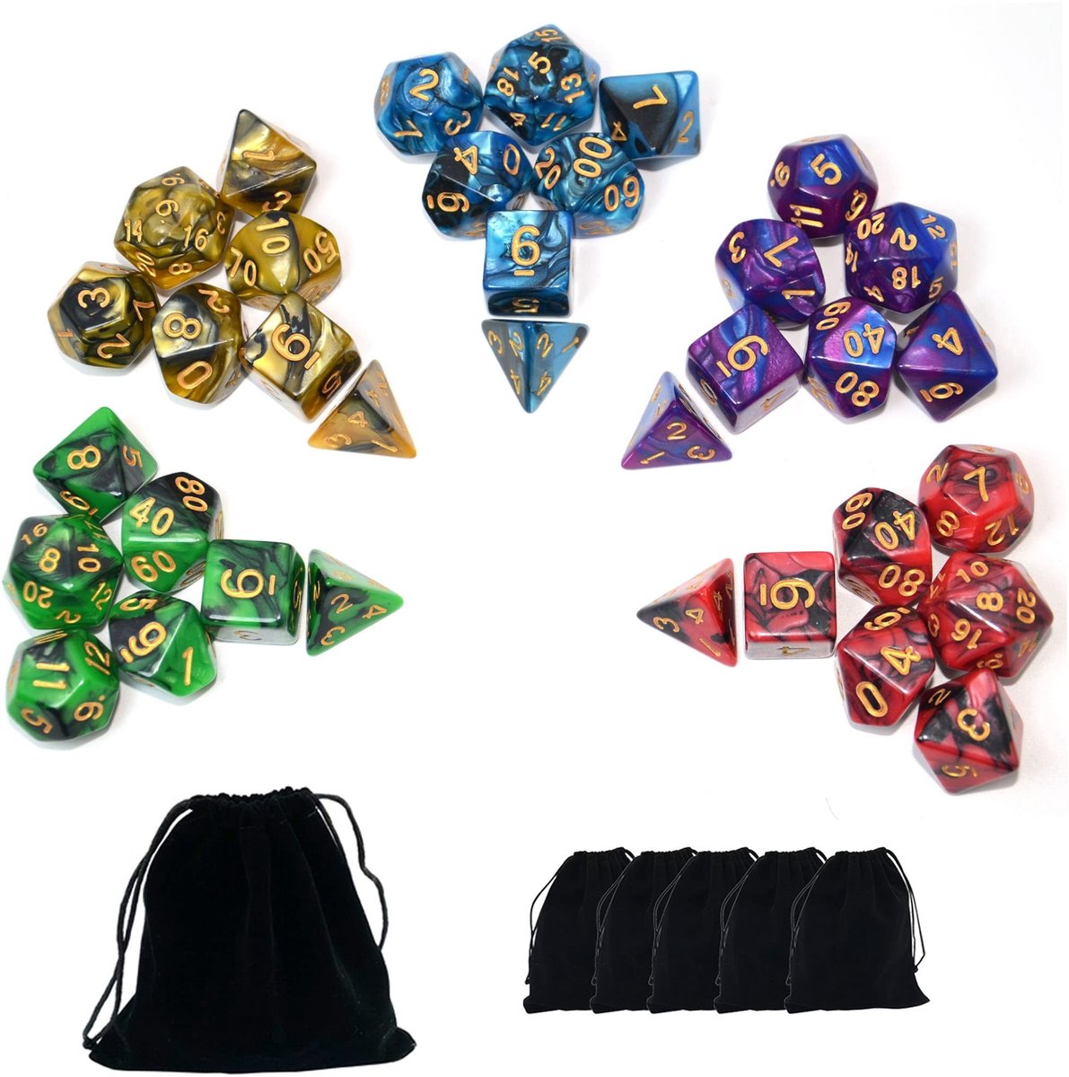 SolidKeus - Set van 35 Polyhedral Dobbelstenen met Opbergtassen voor D&D en RPG Spellen