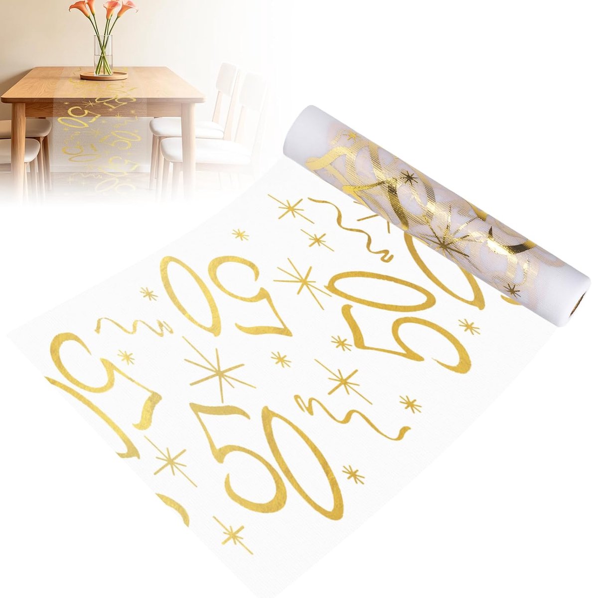 50 Jarig Jubileum Tafelloper Goud 28cmx10m, Herbruikbare Polyester Tafeldecoratie Op Maat Te Snijden, Glanzende Warmdruk Tafelloper Voor Mannen Vrouwen Verjaardagsfeest Jubileumdecoratie