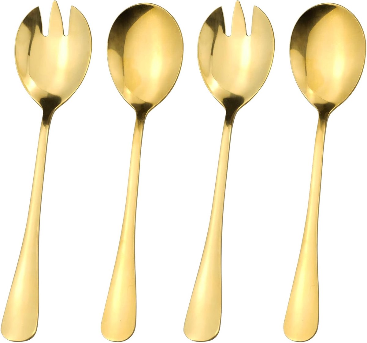 4 stuks saladeservers set met salade lepel en saladevork, grote serveerlepels voor fruit picknick, spiegel gepolijst, goud, 19,7 cm