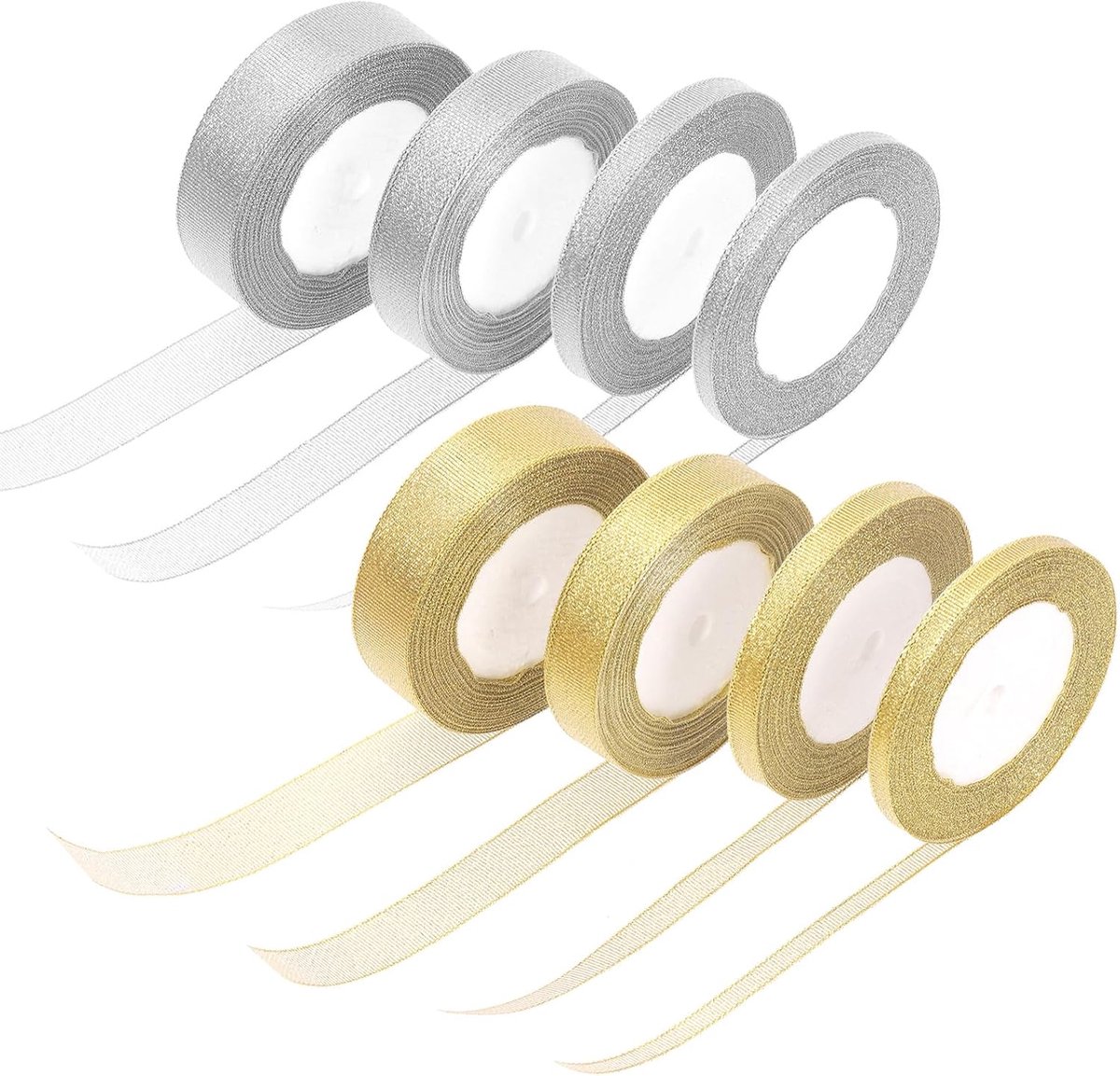 Set van 8 rollen metallic glitterlinten, 4 maten goud/zilver glitterlint voor geschenkverpakking, verjaardag bruiloft feestdecoratie (1/4, 2/5, 4/5, 1 inch x 25 m)