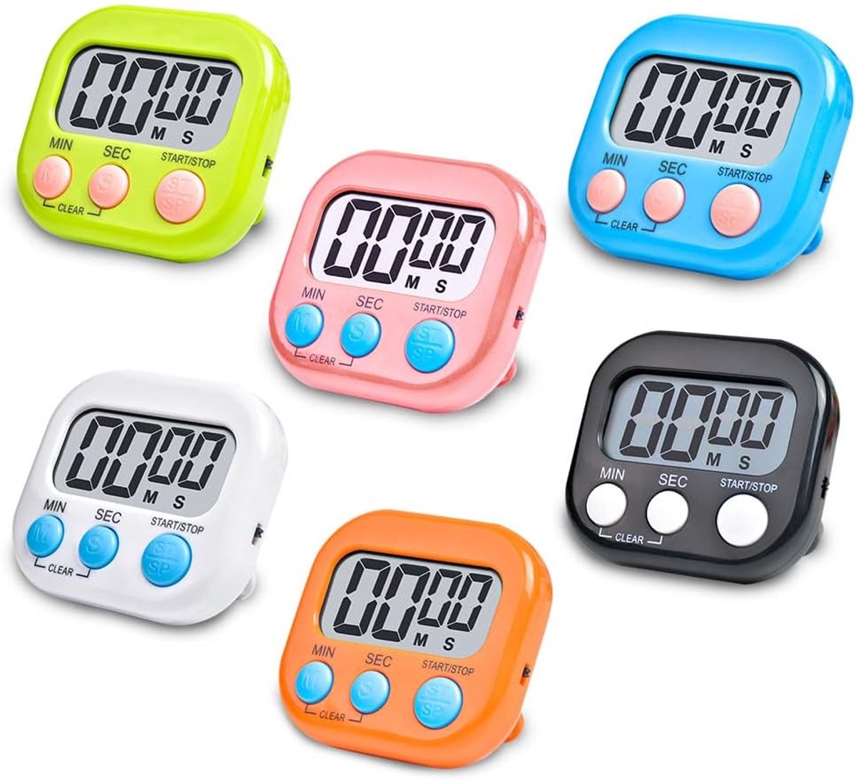 Keukentimer, 6 stuks, 6 kleuren, digitale timer, sterke grote magnetische keukentimer, keukentimer met magneet en standaard voor bakken, keuken, studio, fysieke training