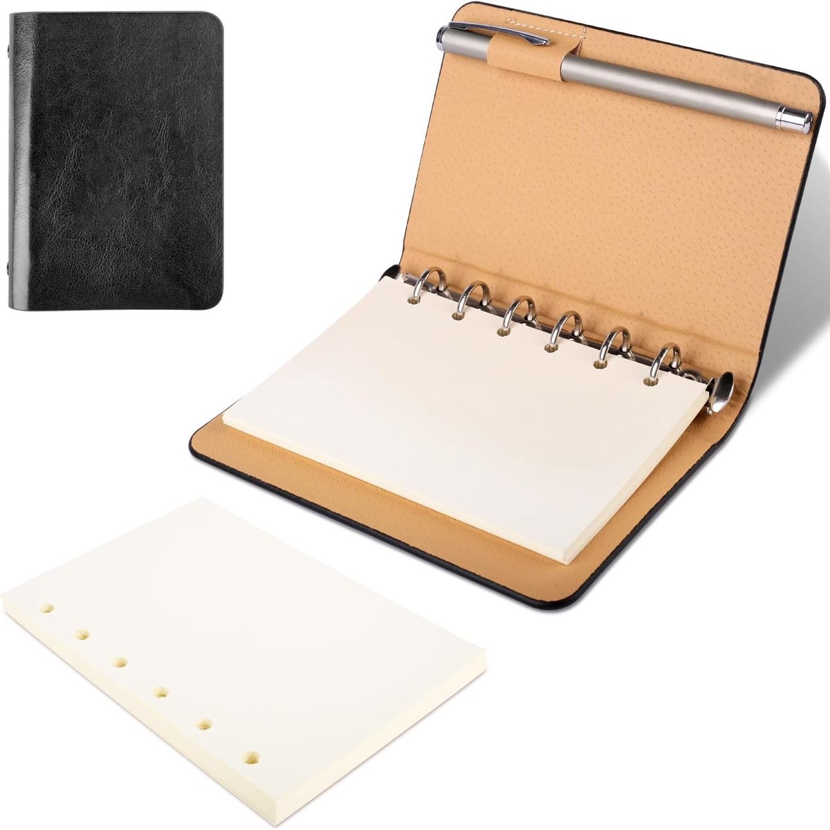 A7, klein notitieboek, mini-notitieboek, 6 ringen, ringband, notitieboek A7, leer met navulbaar papier, notitieboek voor school, kantoor, schrijven, tekenen