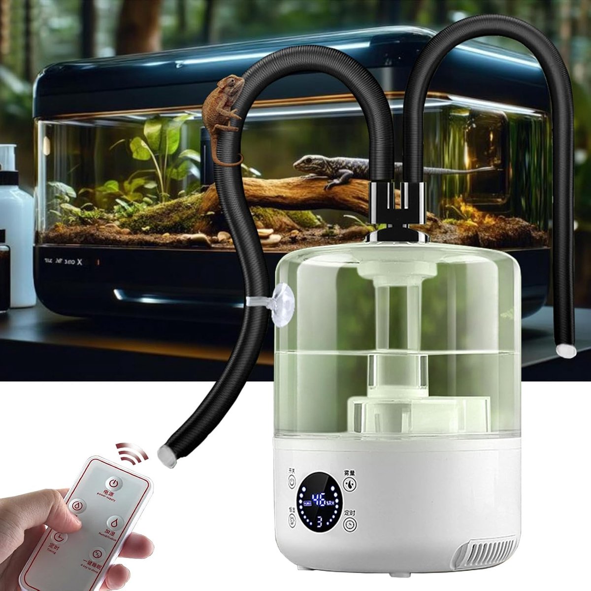 3,5 L reptielen luchtbevochtiger terrarium ultrasone rookmachine | dubbele buis en afstandsbediening, stille fogger, 3-traps droogloopbeveiliging, voor reptielen, amfibieën, kweekbox