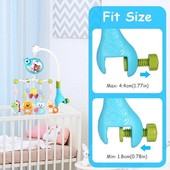 Babybedspeelgoed, mobile voor babybed, slaaphulp, muziekspeelgoed met schattige dieren, babybedmobile met muziek en verlichting, projector en afstandsbediening (blauw) — afbeelding 2