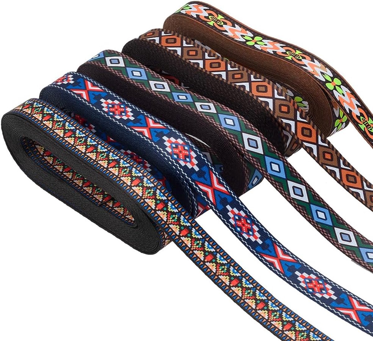 Jacquardband 22,8 m, 15 mm breed, 5 stijlen, vintage bloemenband met ruitpatroon, kanten rand in boho-stijl, om te naaien, voor doe-het-zelf, kleding, kunsthandwerk, decoratie