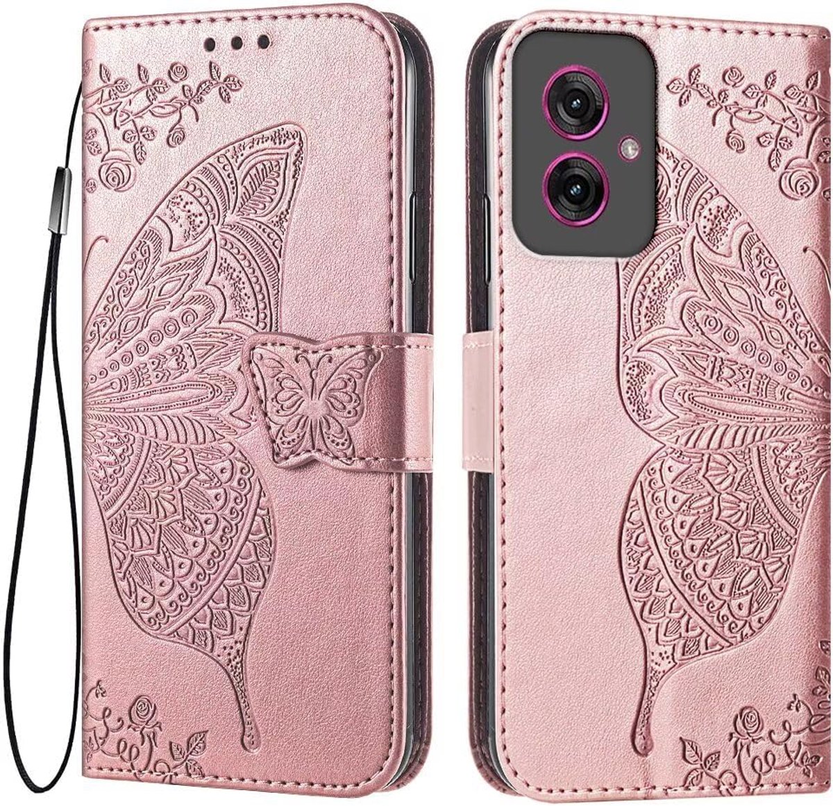 Leren telefoonhoes voor Motorola Moto g55 5G (6,49 inch), flipfolio, magnetische hoes met 3 kaartvakken, 1 portefeuille, valbestendig, krasbestendig, roségoud
