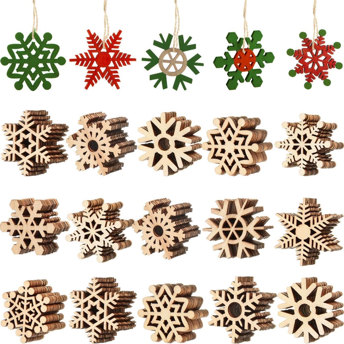 100 stuks kersthouten sneeuwvlokken onvoltooid hout sneeuwvlok houtdecoratie uitgeholde sneeuwvlokken versieringen kerstboom hangende ornamenten met koord voor kerstdecoratie (5 cm)