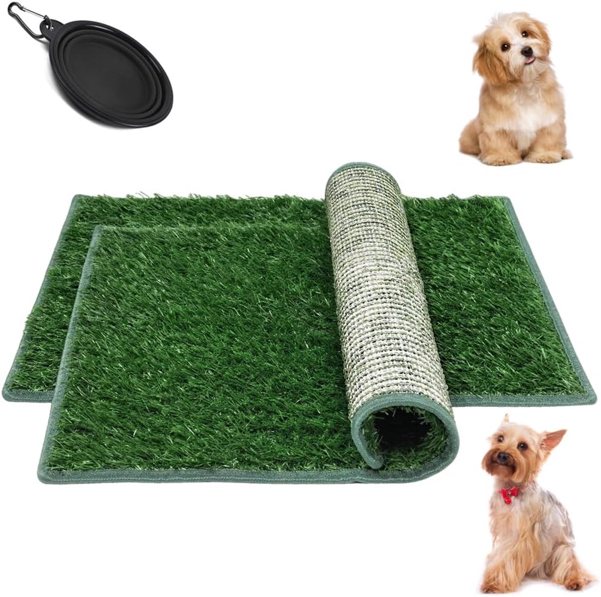 Kunstgrasmat voor honden, 46 x 71 cm, vervangend kunstgras voor het trainen van puppy's binnenshuis, voor honden en 1 opvouwbare kom
