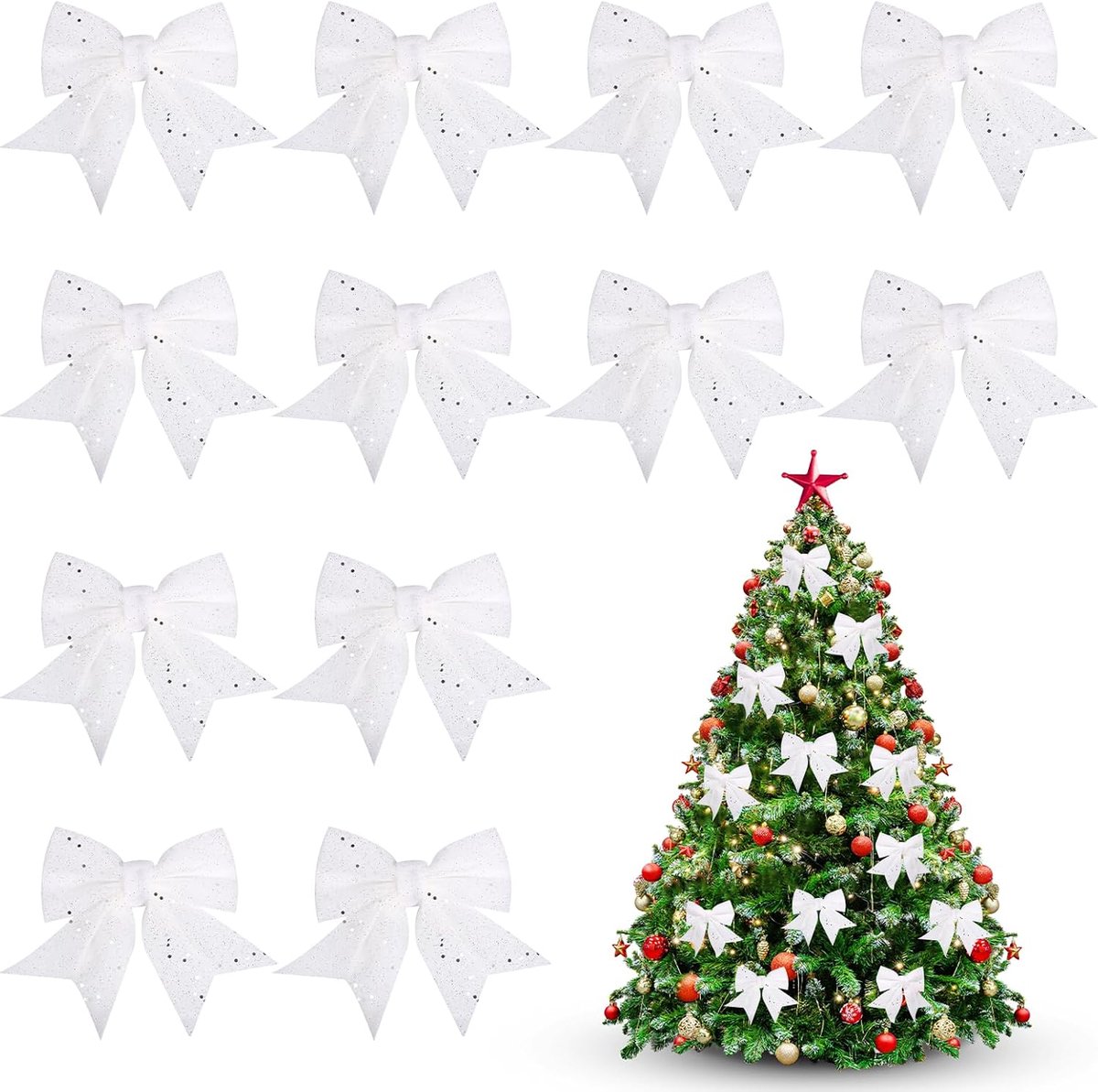 Strikken voor Kerstboom, Kerststrikken 12 x 14 cm, Kerstboomversiering, Decoratie voor Kerstboom, Kerstkrans, Dennenboom, Kerstboomstrikken (wit)