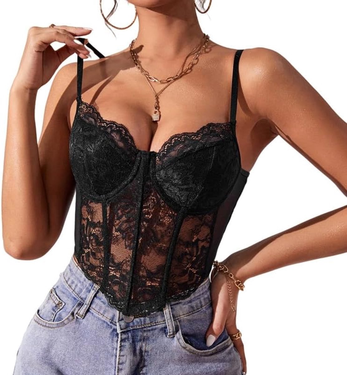 Damestop van kant, tanktop, zomer, sexy, slim fit, korset met dunne bandjes, mouwloos, crop top, V-hals, verstelbare tanktop, elegante onderjas, nauwsluitend, bustier, clubwear