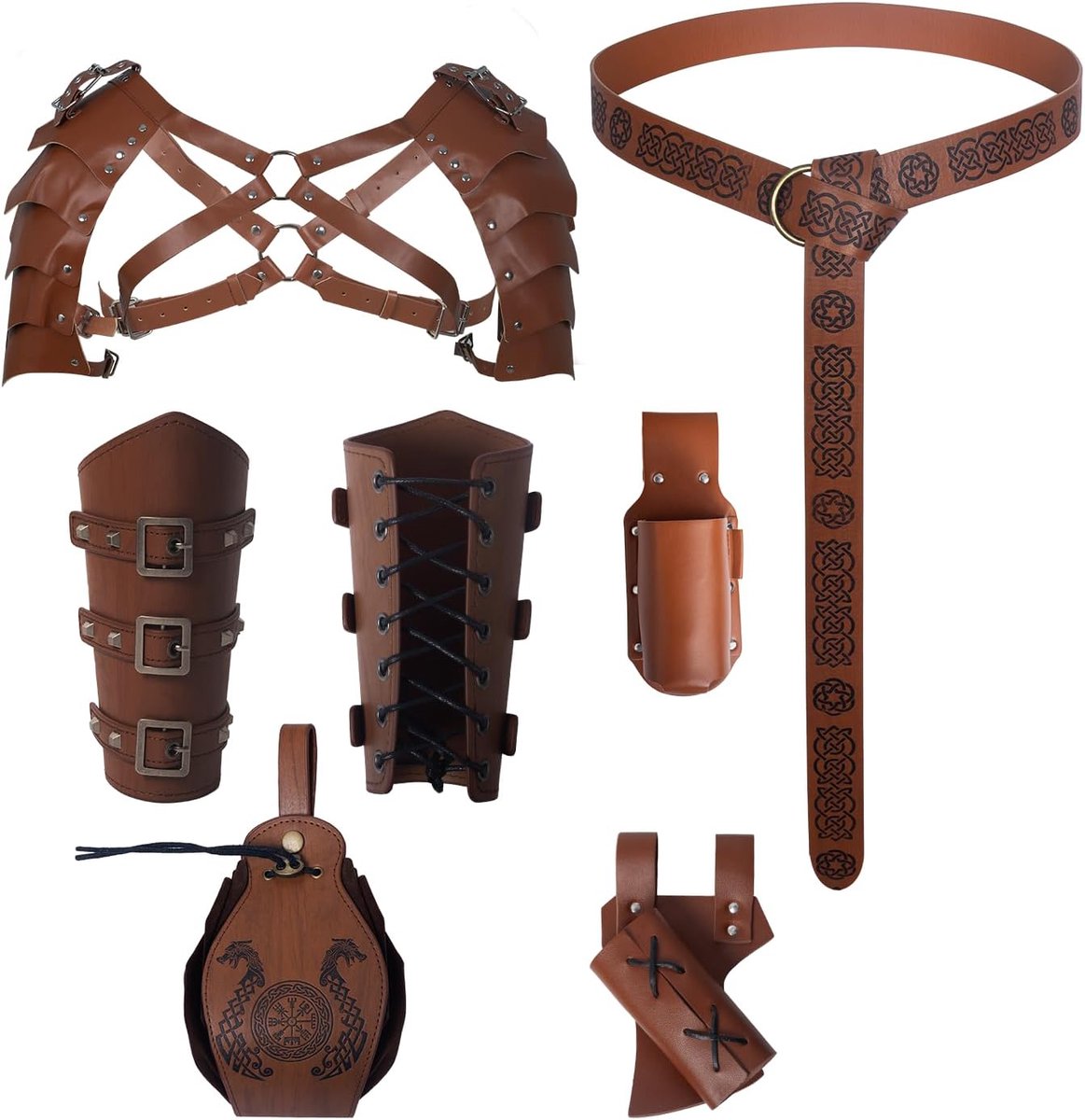 6 stuks middeleeuwse kleding voor heren, accessoireset, Viking Renaissance ridderdecoratie met riem, armbeschermers, riemtas, schouderpantser voor Halloween en carnaval