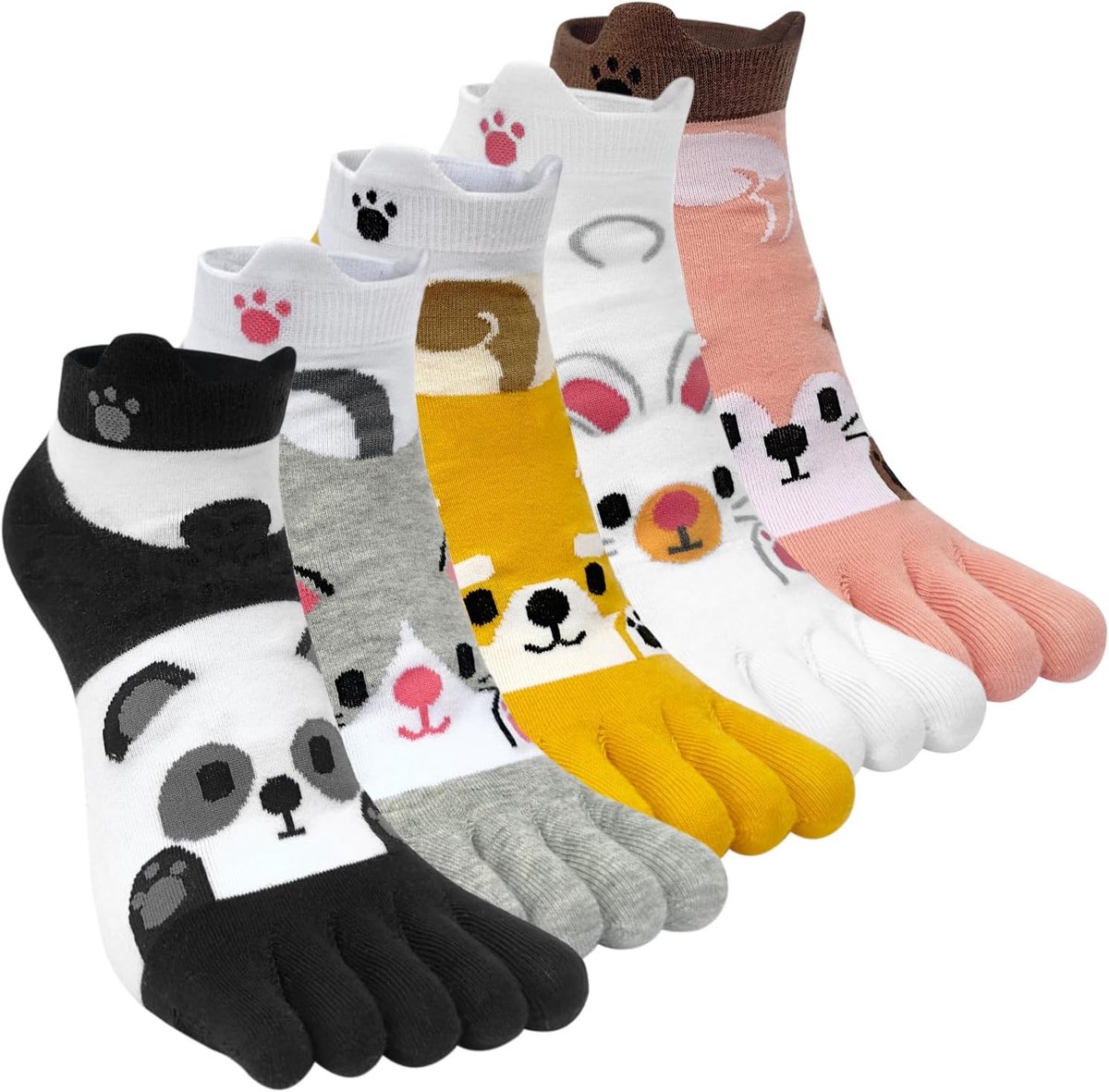 Sokken Katoenen sokken met vijf vingers Korte sokken Enkelsokken Leuke kleurrijke dierenfruitpatroon Sneakersokken Nieuwe sportsokken met tenen Enkele maat: 35-40/5 paar