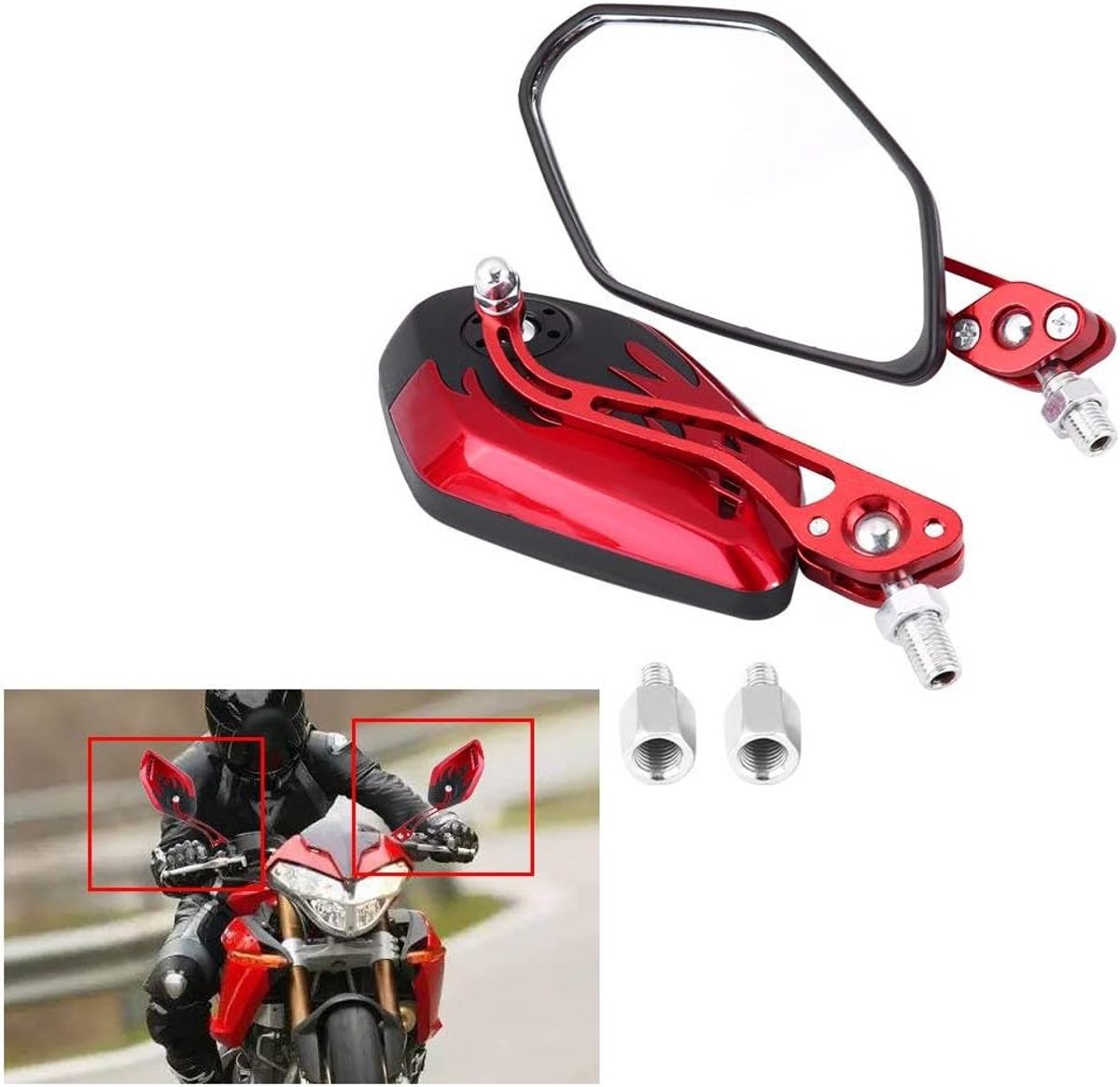 1 paar universele motorspiegels - 8 mm - 10 mm - aluminium zijspiegels - vlampatroon (rood)