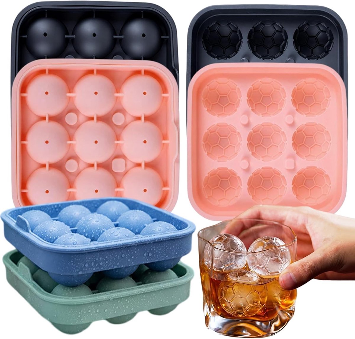 SnelShoppen - Football Ice Ball Mould 4 x 9 Cavity Silicone IJsblokjesvorm met Deksel voor Gratis, 3,2 cm IJsbalvorm voor Whisky, Cocktails en Feestdr