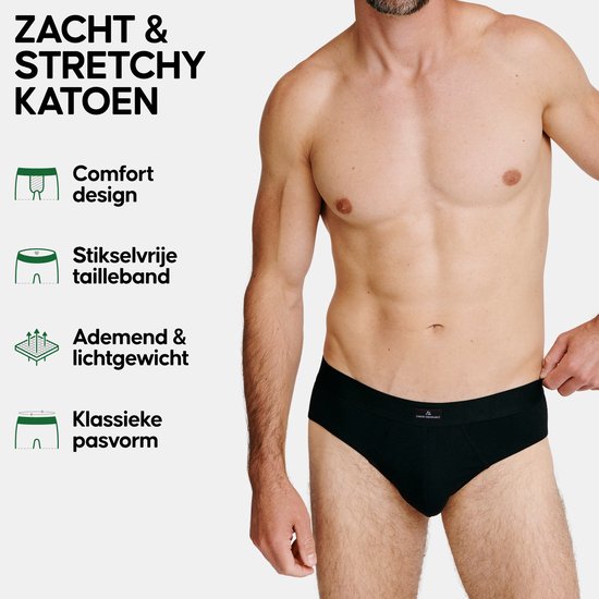 Homme en sous-vêtements noirs. Texte : 'ZACHT & STRETCHY KATOEN'.