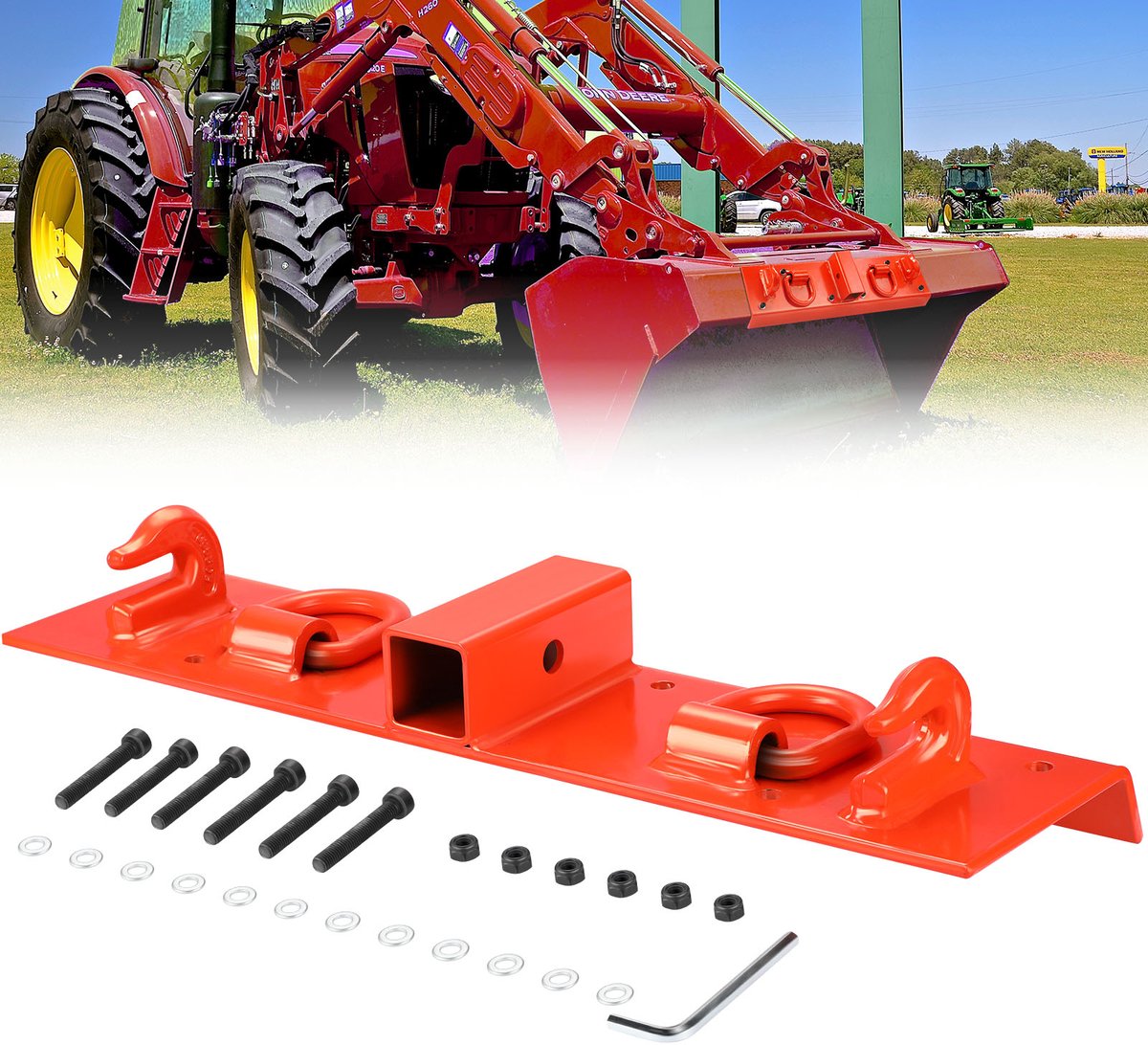 HoerFuriy - Tractor Emmer Haak Set - Zware Gelaste Haak Met 5cm Ontvanger En Gesmede D‑Ringen Voor Compacte Tractor Lader - Oranje, 55cm