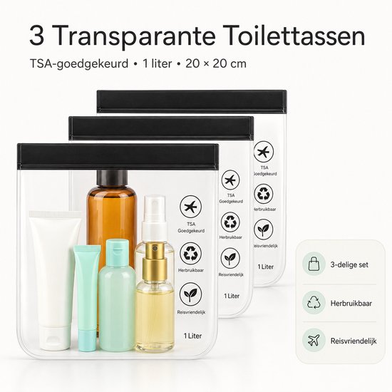 Drie transparante toilettassen met zwarte rits, gevuld met reisformaat toiletartikelen.