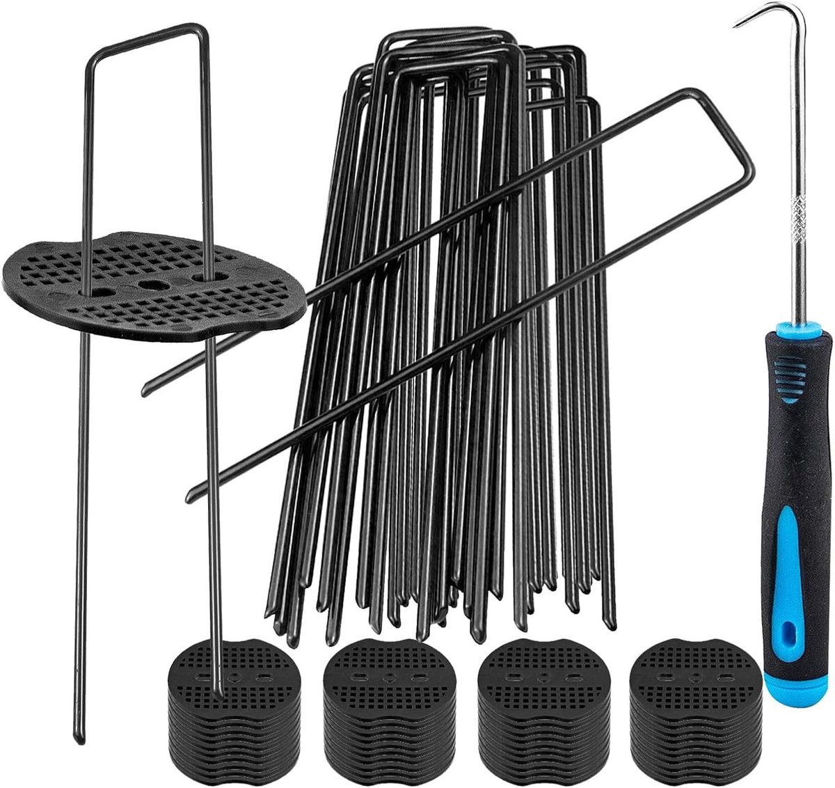 U-vormige tuinpinnen met 20 buffer washers en 1 houten haak voor het bevestigen van tuinschermen, gras, zeilen en slangen, gegalvaniseerde tuinlandschapspinnen voor stevige bevestiging