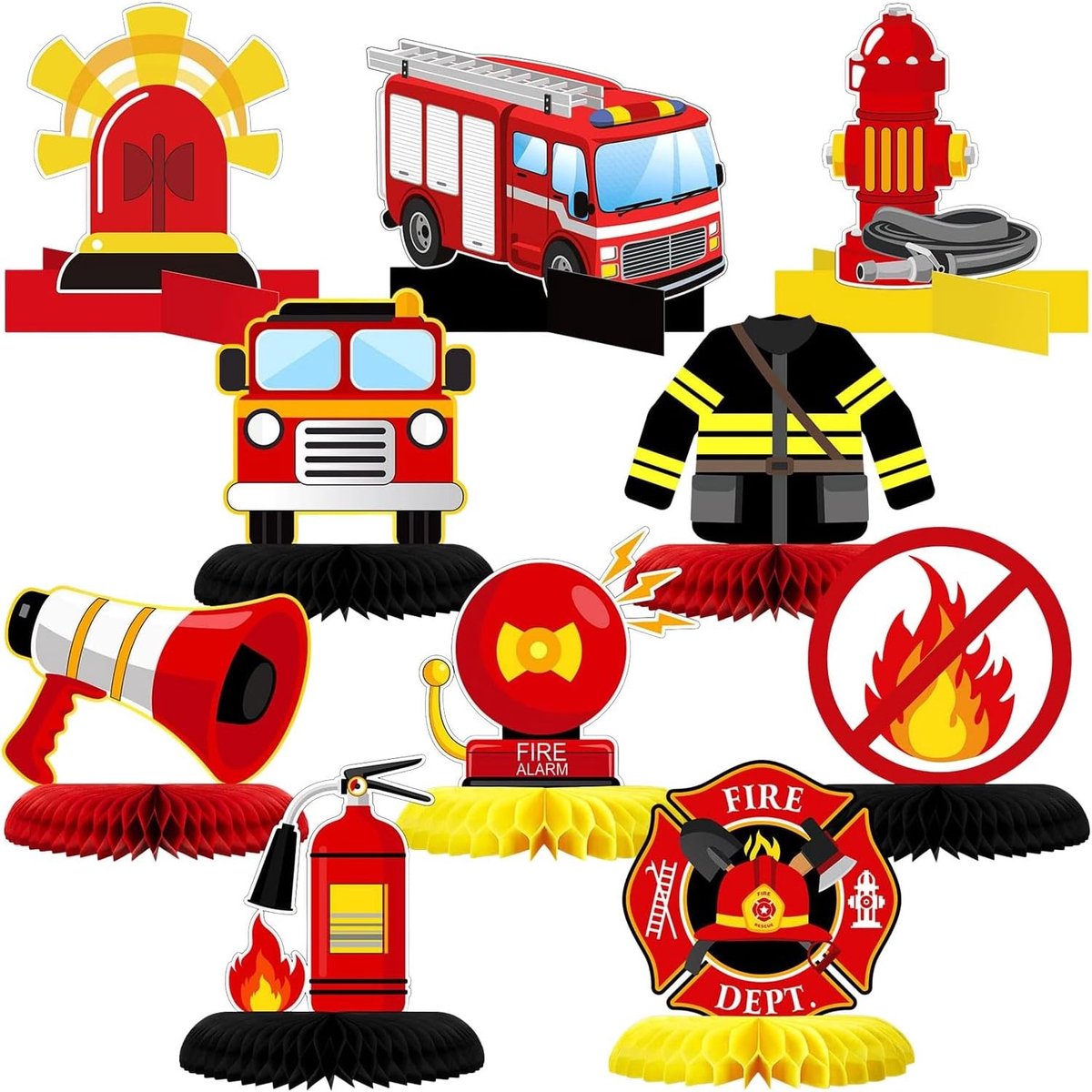 10 Stuks Versieringen voor Brandweer Verjaardagsfeest - Tafeldecoraties, Honeycomb Versieringen en Borden voor Brandweerthema Feestjes