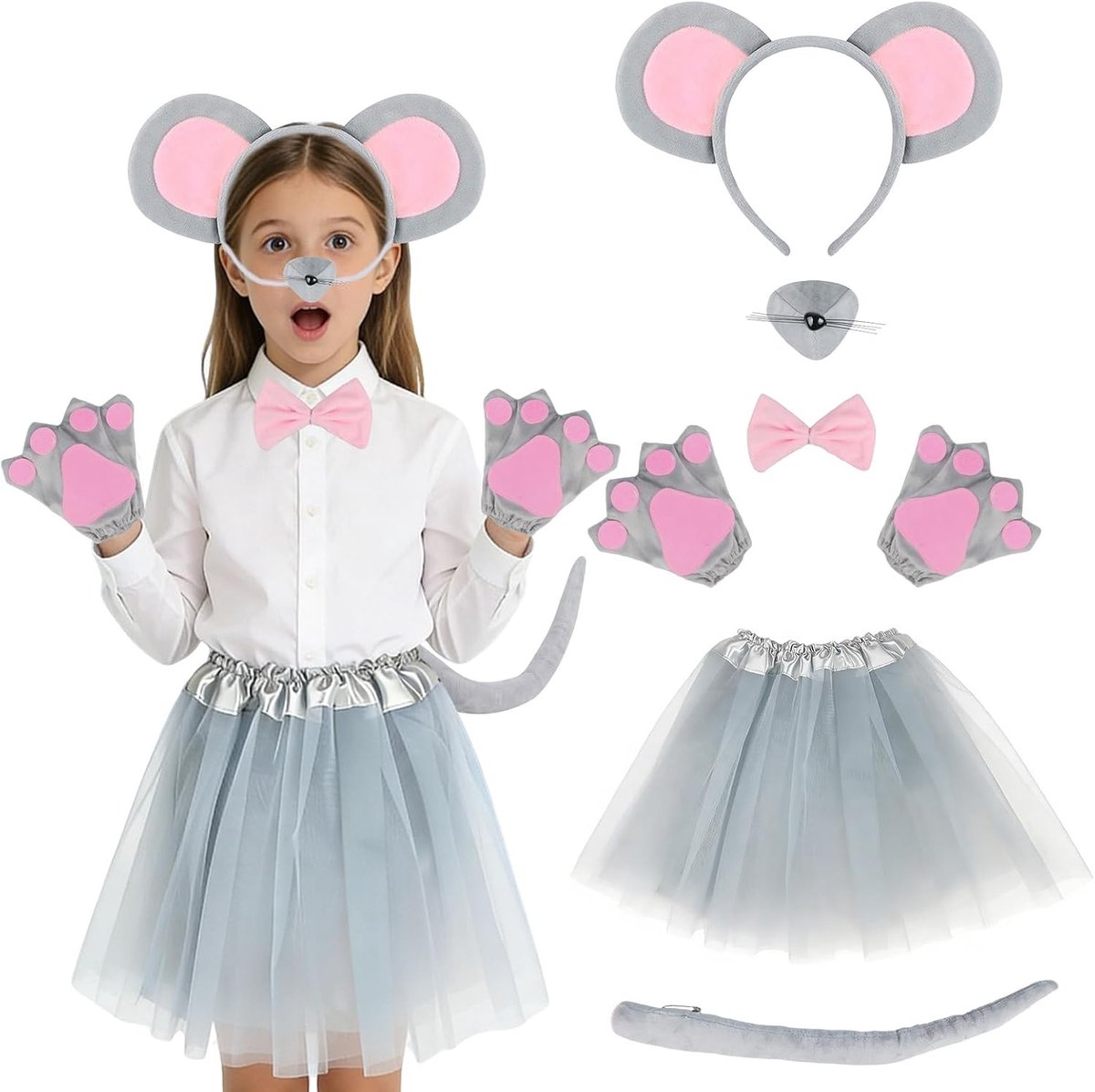 7-delige Tulle Rok voor Kinderen met Hoofdband, Neus, Strik, Staart en Handschoenen - Opvallende Kostuumaccessoires voor Feestjes en Verkleedpartijen