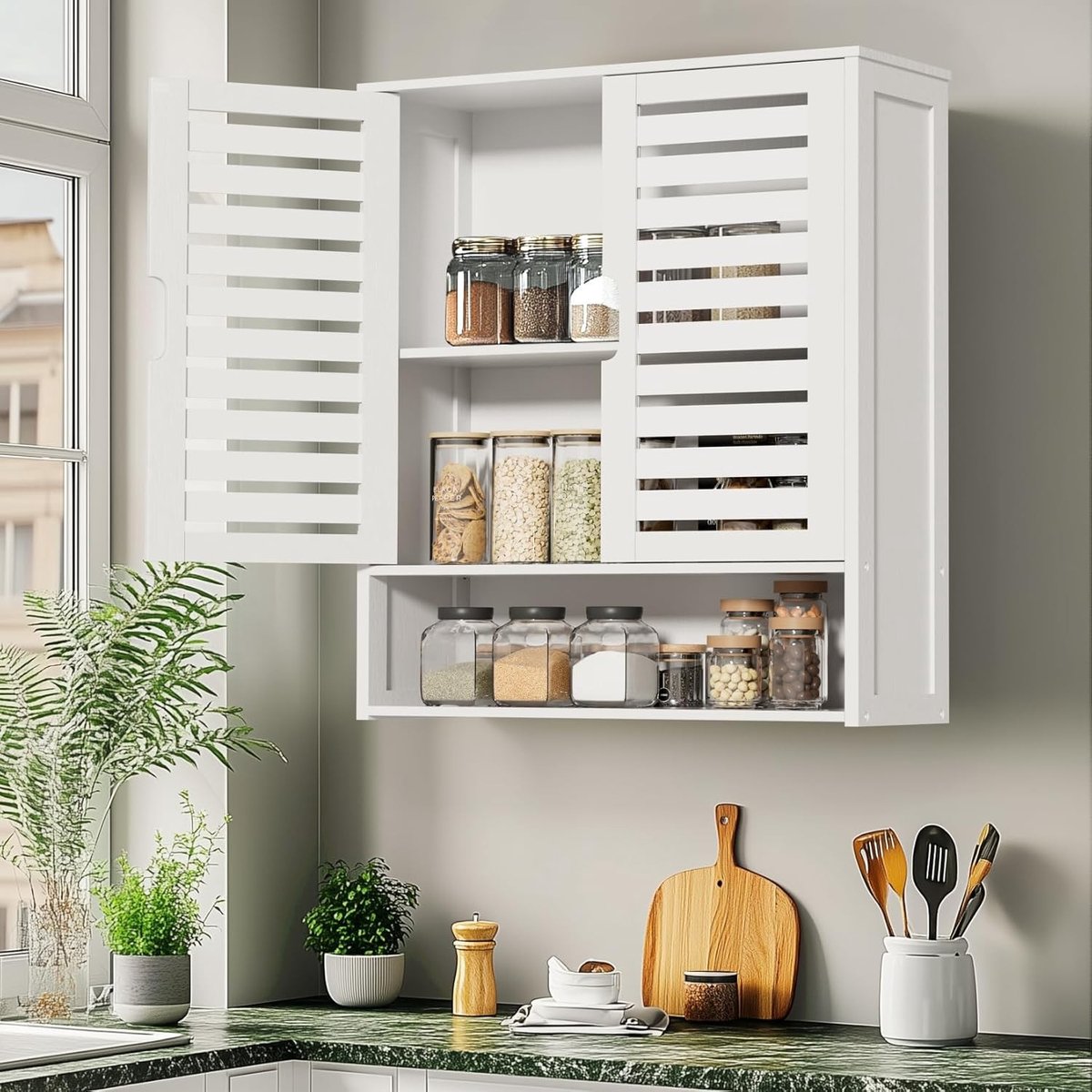 Hangkast Badkamer - Wandkast Deuren - Ruimte Besparen - Verstelbare Planken - 59 x 20 x 66 cm - Wit