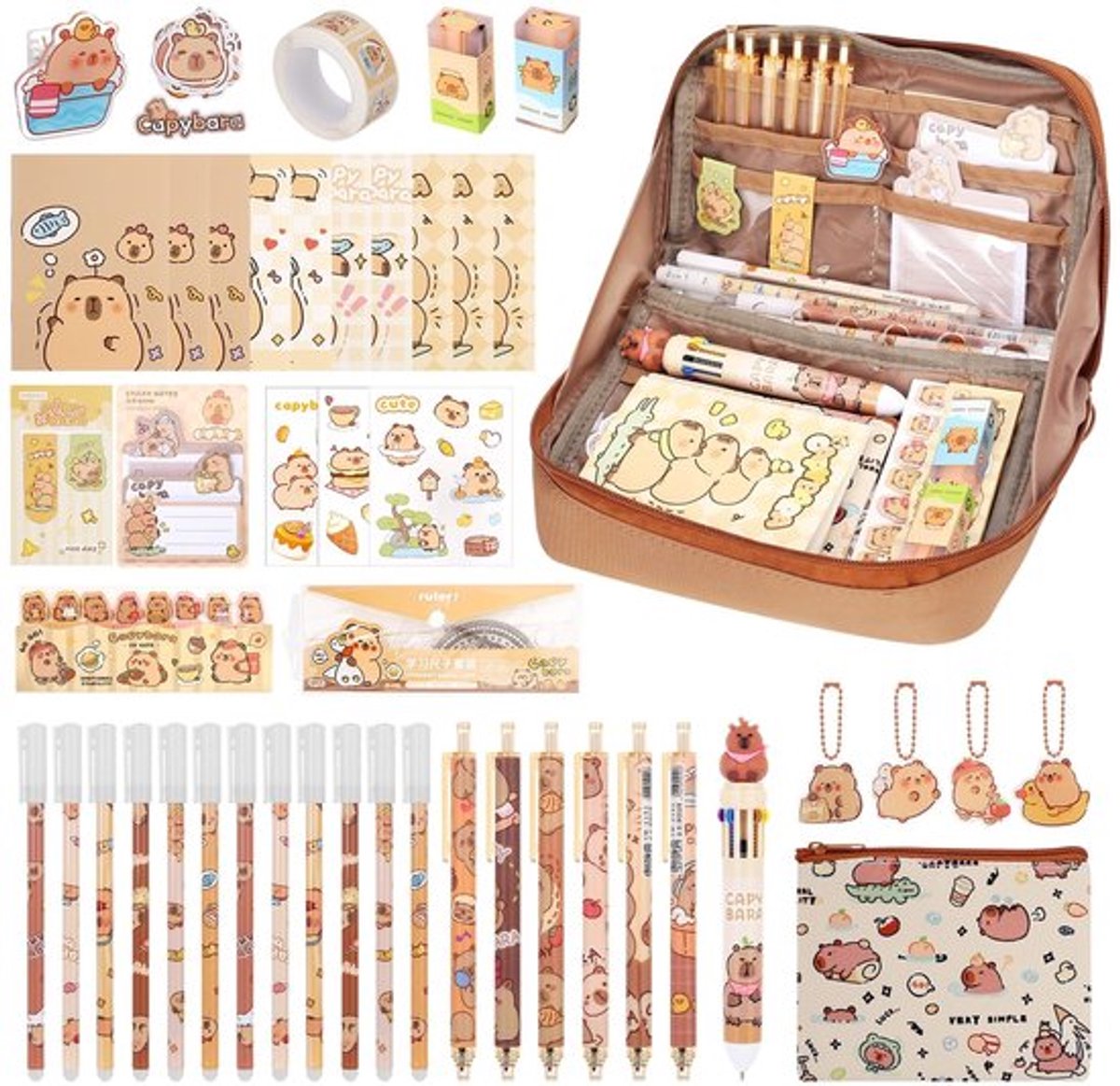 Capybara Pennenetui-set, schattige pennen, rijke etui, spullen met cliplinialen en meer voor studenten, kinderen, kantoor, school