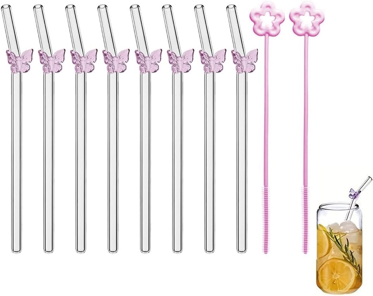 Drinkrietjes van glas, herbruikbaar, transparant, met 2 borstels, voor smoothies, melk, koffie, cocktails, water, sap, vlinder, 8 stuks