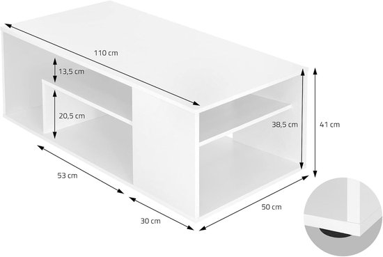 Salontafel in wit 110 x 50 x 41 cm, Ruime salontafel met 4 planken op 3 niveaus, Moderne sofatafel met veel opbergruimte, Houten bijzettafel, Salontafel Houten tafel — afbeelding 4