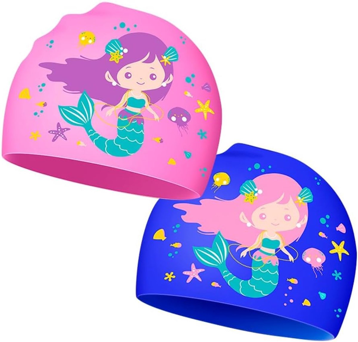 2 Stuks Kinder Badmuts Zwemmuts Voor Meisjes en Jongens Cartoon Zeemeermin Kinderen Swim Cap Zwemmuts Waterdichte Haarbescherming Elastische Badmuts Voor Zwembad Zwemles