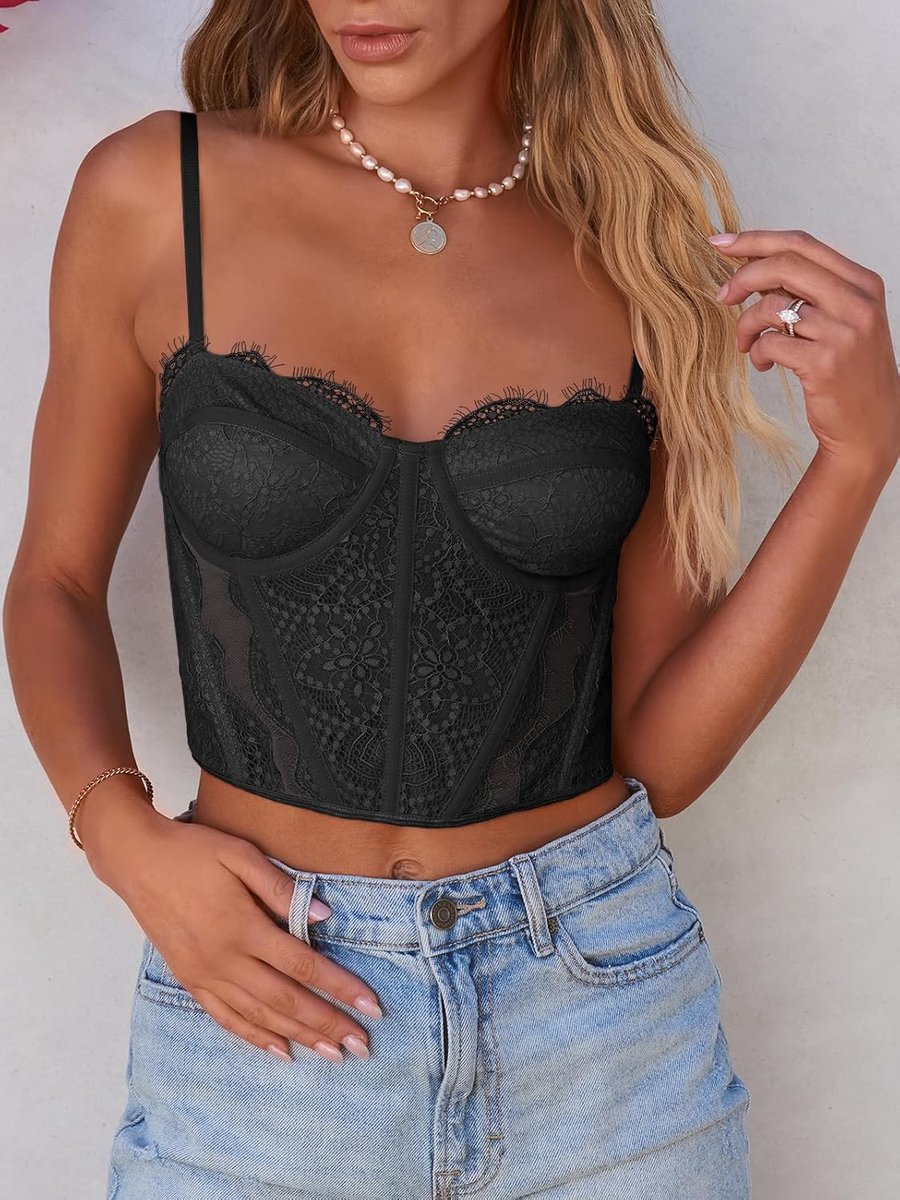 Korset-top, met kant en spaghettibandjes, croptop, bustier