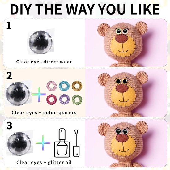 Ogen van kunststof met 3D-glitter, 14 mm, voor Amigurumi-trapezium, haakpoppenogen met sluitringen, ogen 14 mm — afbeelding 3