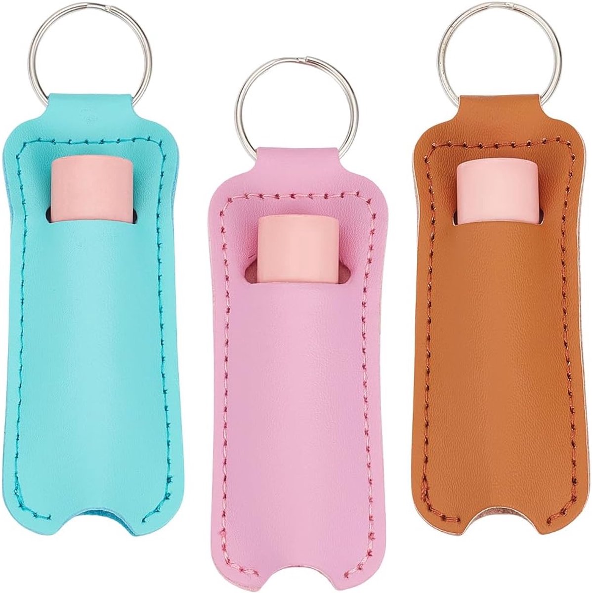 3 Kleuren PU Lederen Lippenstift Houder Sleutelhangers 3 STKS Mini Draagbare Lippenbalsem Mouw Sleutelhanger Reizen Lippenbalsem Organizer Case Pouch met Legering Sleutelhanger voor Vrouwen