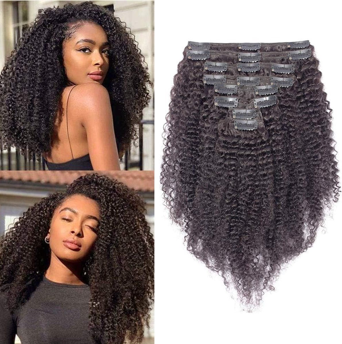 Haarstukjes, echt haar, clip-in extensies, echt haar, afro-haarextensies, 8 stuks, 18 clips, dubbele inslag, kinky krullend, Braziliaans menselijk haar, 25 cm, 100 g