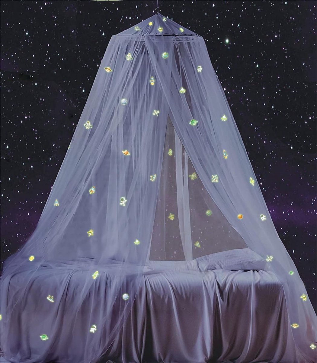 To East Bedhemel met fluorescerende sterren, licht op in het donker, klamboe voor baby, kinderen, jongens, meisjes, dochter. Galaxy bedhemel voor babybed, kinderbed