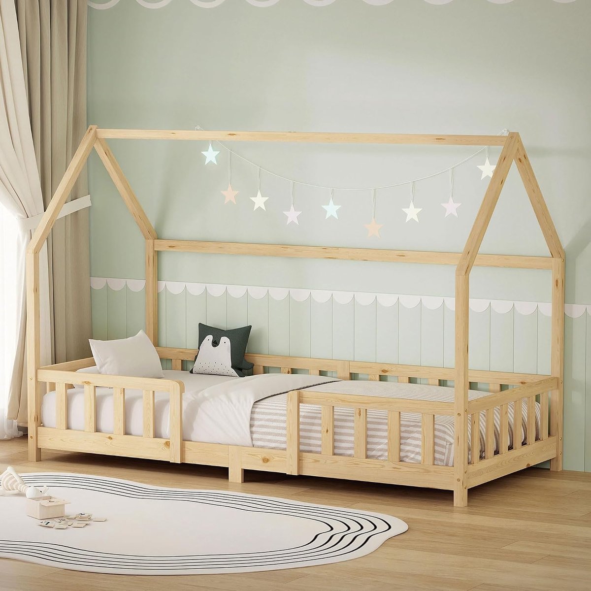 Kinderbed 90x200 cm met valbeveiliging Montessori huisbed voor meisjes en jongens lattenbodem decoratieve kap massief grenenhout naturel eenpersoonsbed houten bedframe duurzaam jeugdbed