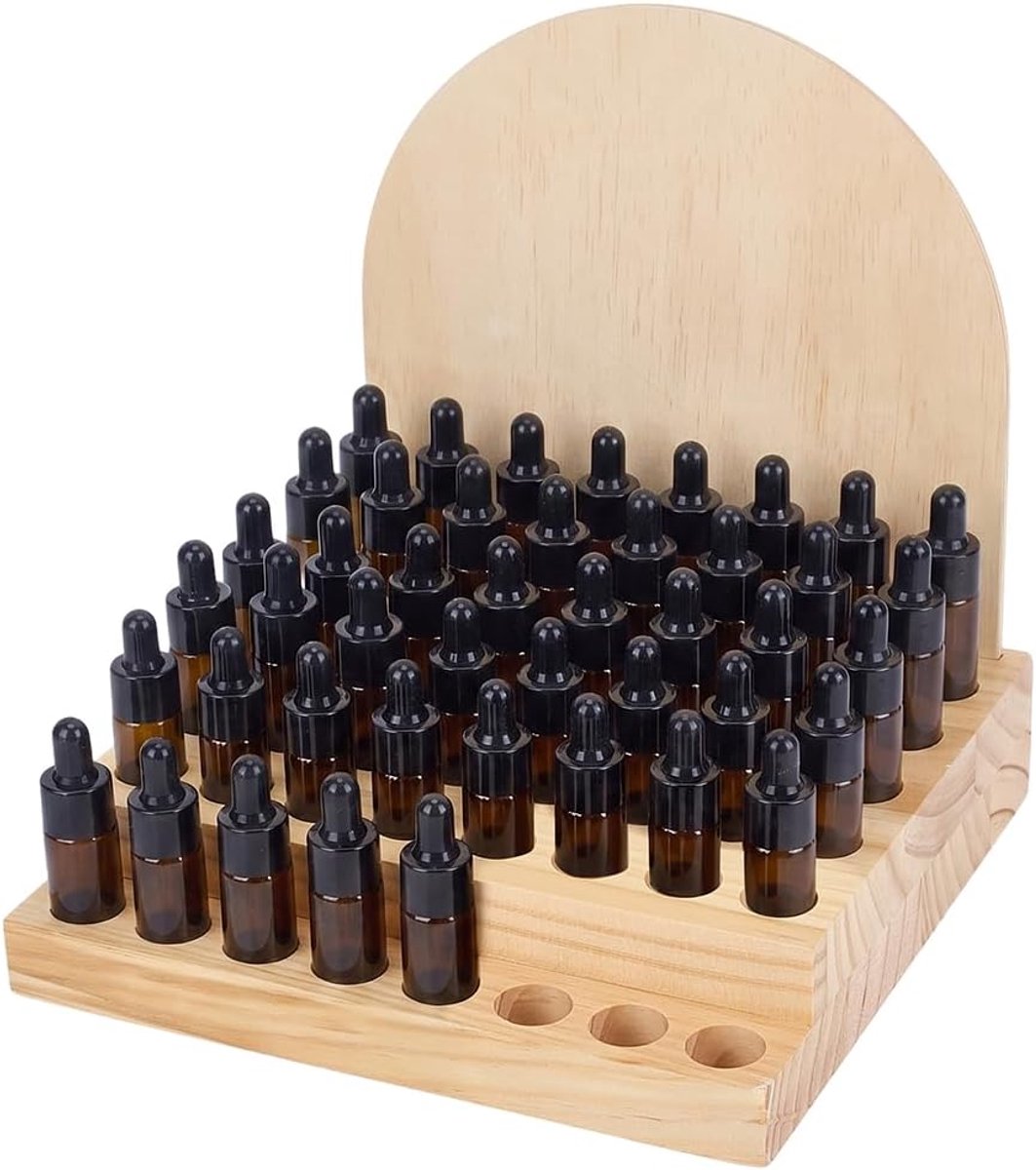 Houten organizer met 2 verdiepingen voor etherische oliën met afneembare plank, 48 sleuven voor etherische oliën voor nagellak, geurcontainer, sleufdiameter
