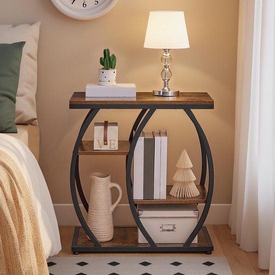 Bijzettafel in industriële stijl, smalle salontafel met 4 planken, nachtkastje met vintage houtlook blad en metalen frame, vintage bruin en zwart EBF164BZ01 — afbeelding 5