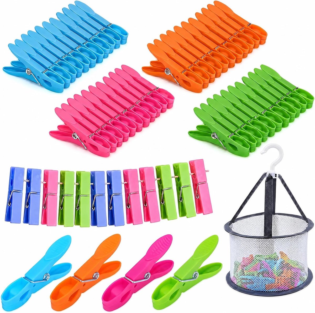 Wasknijpers met mesh mand, afdrukvrije plastic knijpers voor waslijnen, kleding, sokken, camping, huishouden