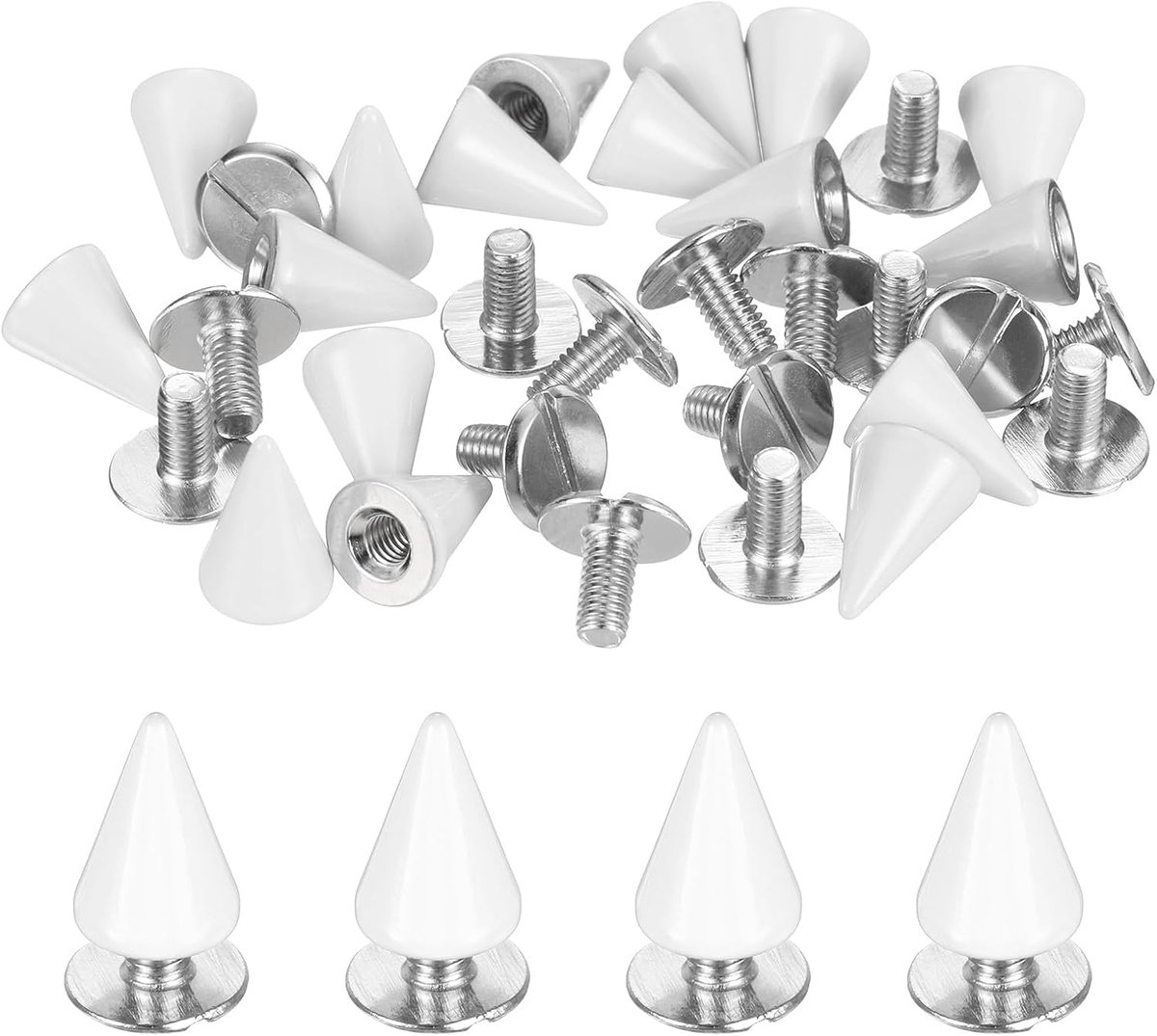 18-Set Spike Cone Studs 10x7 mm Geklonken Messing Kegel Spikes Punk Stijl Snelle Klinknagel Schroeven Stud voor Kledingstukken/Schoenen/Tassen/DIY Lederen Ambacht/Stof Kleding Wit