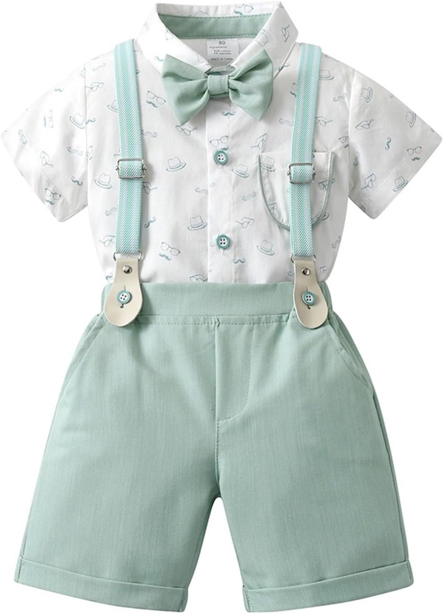 Babyjongensset, kostuum, zomer, korte mouwen, vlinderdas, hemd met shorts, rompertje