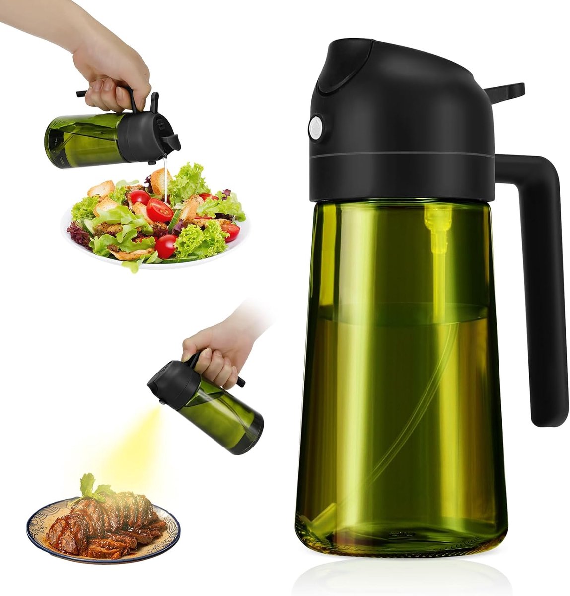 470 ml 2-in-1 keukenspray, olijfoliedispenser, set met Scuro Protezione Dalla Luce, olijfoliedispenser, sproeier voor airfryer, voor koken, braden, bakken (zwart)