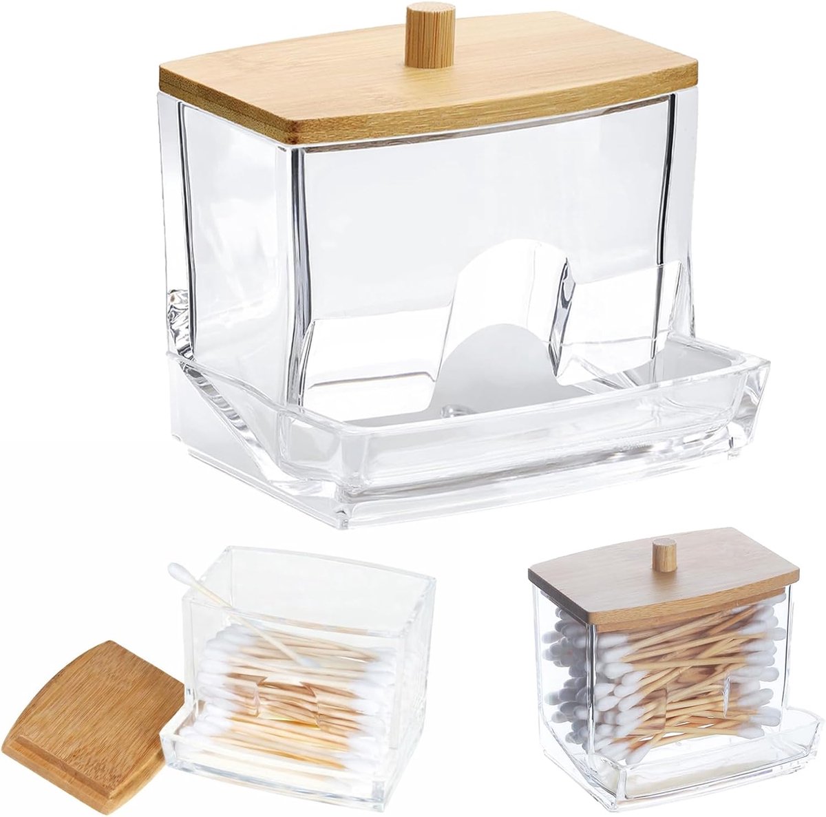 Wattenstaafjesbox van acryl, wattenstaafjesdispenser, wattenstaafjesopbergdoos met bamboedeksel, transparante opbergdoos, geschikt voor badkamer, slaapkamer enz