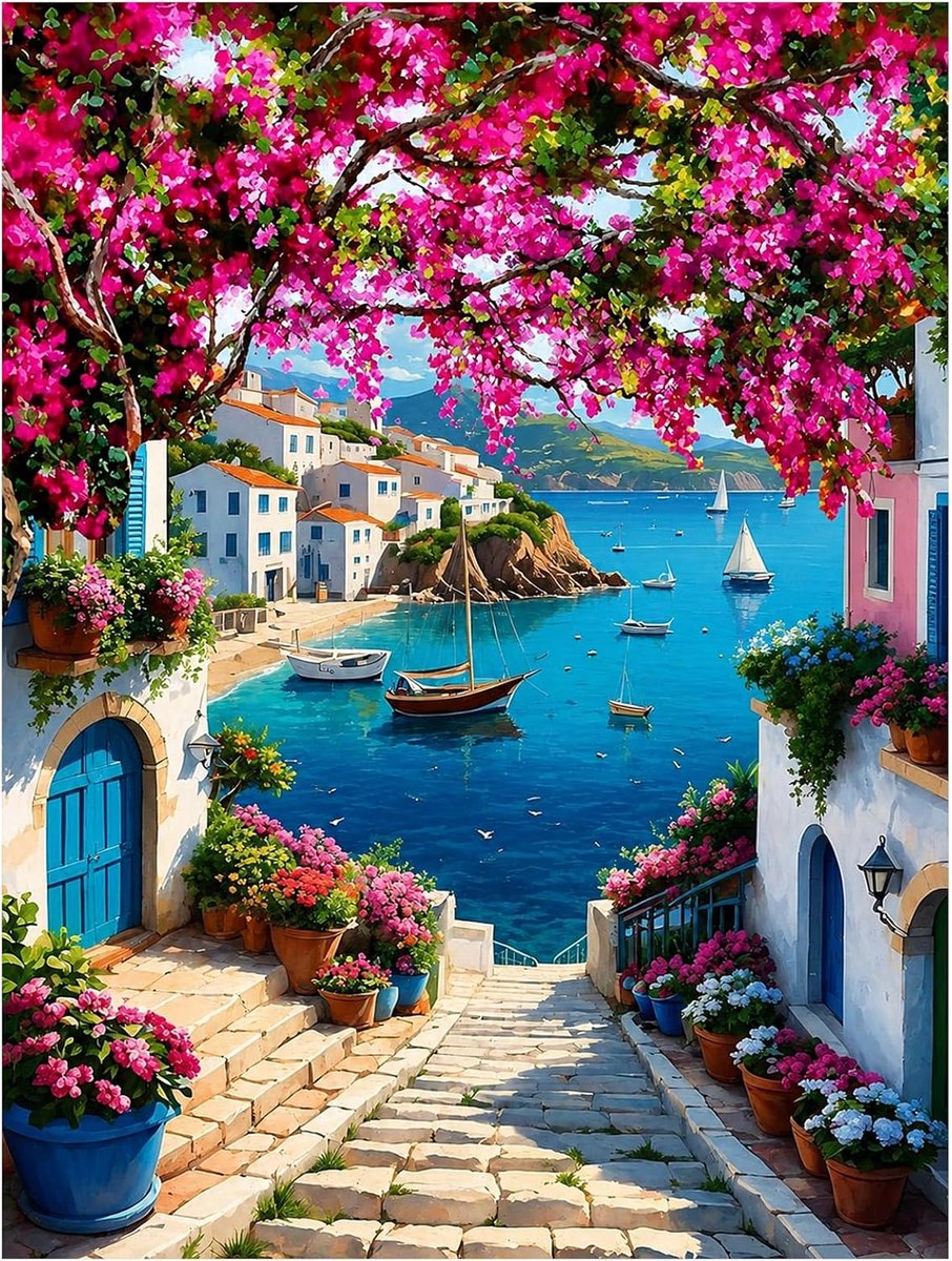 Diamond Painting Landschap Mediterrane - DIY Diamond Painting Kit voor volwassenen en beginners, 5D diamantschilderset als cadeau, voor ontspanning en als wanddecoratie 30 x 40 cm