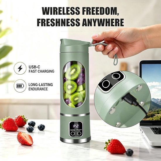 Blender smoothie maker, mini-mixer to go, 450 ml, oplaadbaar, beker met led-display, 12 messen, BPA-vrij, draagbare blender voor milkshake, sap, smoothie van Blender — afbeelding 2